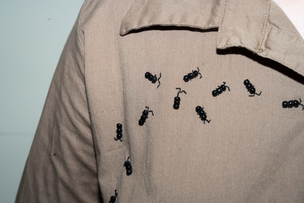 A close up of the shoulder of a tan dress made of woven fabric. There are ants in a trail. Each ant is made up of three black beads with little embroidered legs and elbowed antennae.